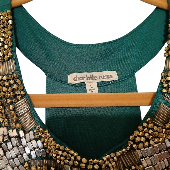 Charlotte Russe Green Women's Top With Beaded Collar Size L - Picture 2 of 6